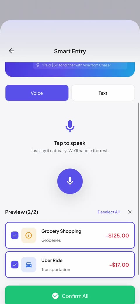 Finly: Budget Expense Tracker voice entry on iPhone: a spoken purchase becomes two draft transactions, confirmed together.