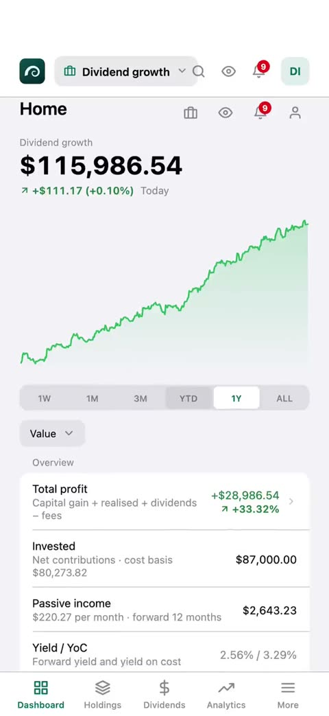 Investolio dividend tracker on iPhone, demo account: the dashboard, then dividends, then holdings.